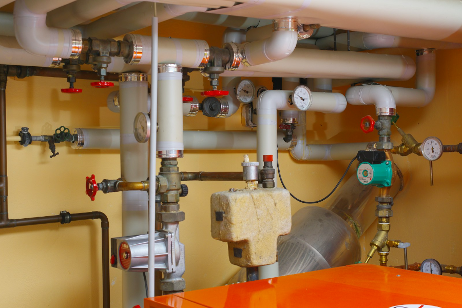 Copper pipework and valves on a water manifold