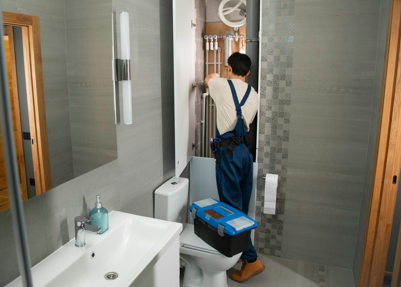 Plumber tracing a concealed leak in a bathroom